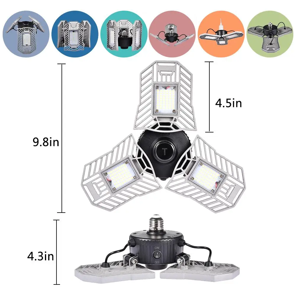 

85-265V 80W LED Garage Lights E26/E27 216LED Deformable Ceiling Lights Industrial Workshop Warehouse Garage Light Mining Lamp