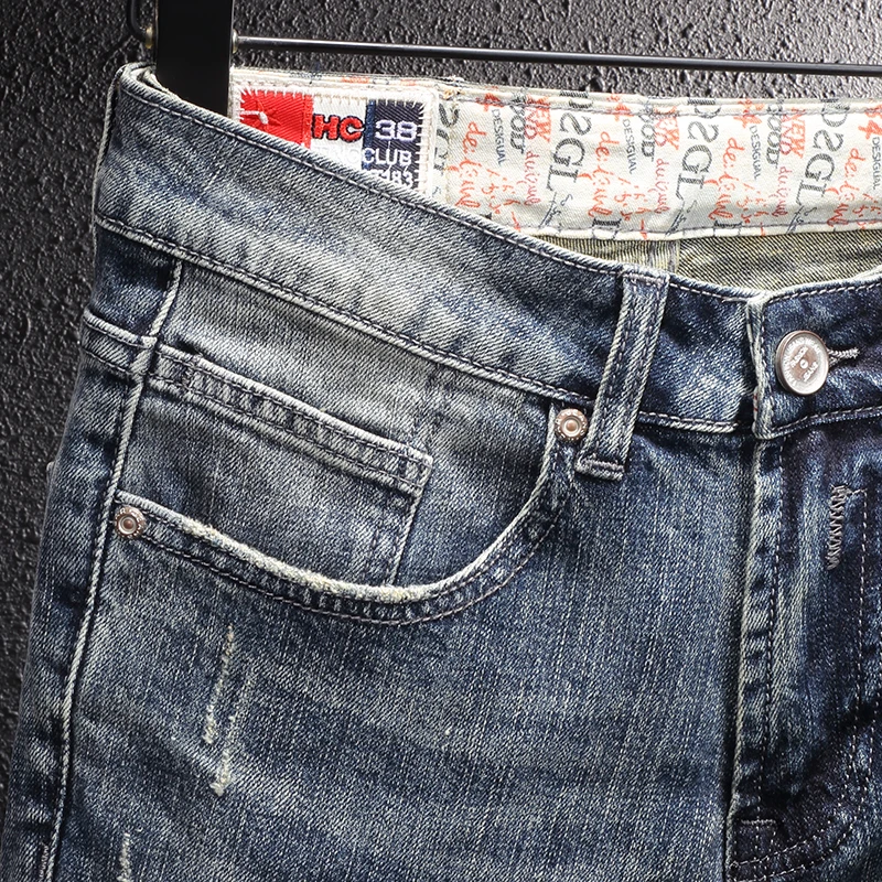 Street Style Fashion Men Jeans Retro Blue Slim Fit Destroyed Ripped Jeans Men Embroidery Designer Hip Hop Casual Denim Pants