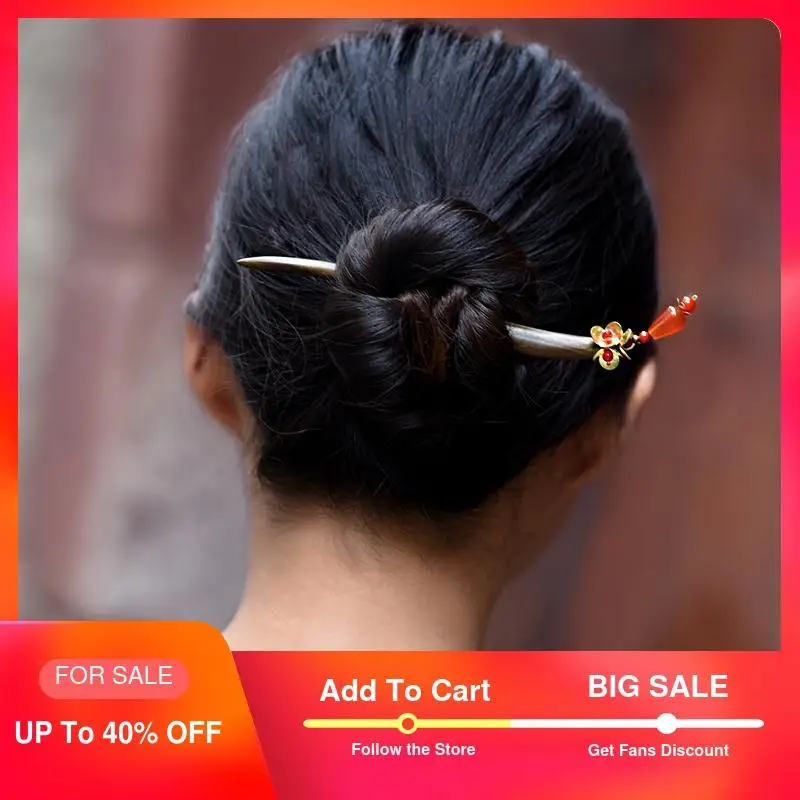 

ethnic hairpin for women sanders wood sticks charm copper flower red carnelian drop vintage jewelry 2018 fashion gift