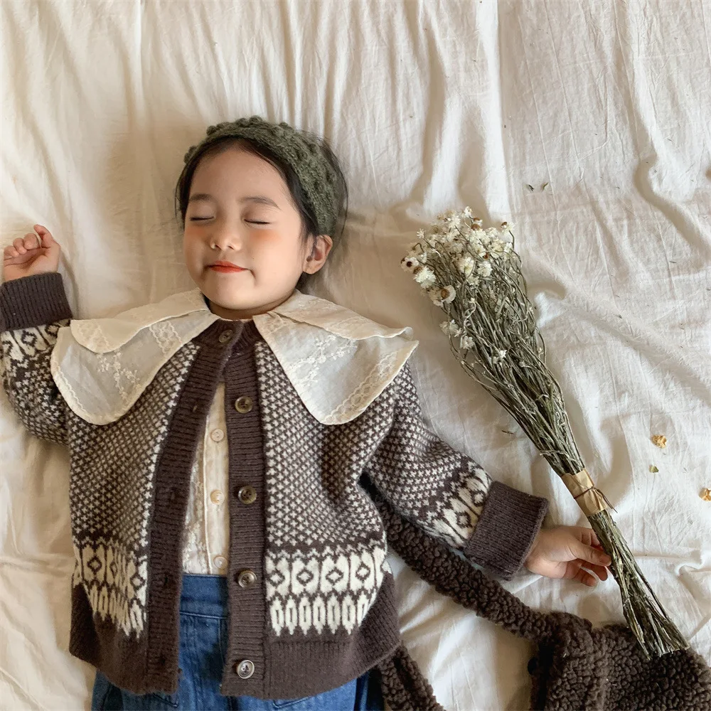 

Korean children's sweater 2021 autumn winter boys and girls knitted sweater Vintage cardigan baby clothes