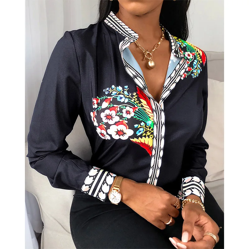 Женская блузка с цветочным принтом воротником стойкой и длинным рукавом|Блузки| |