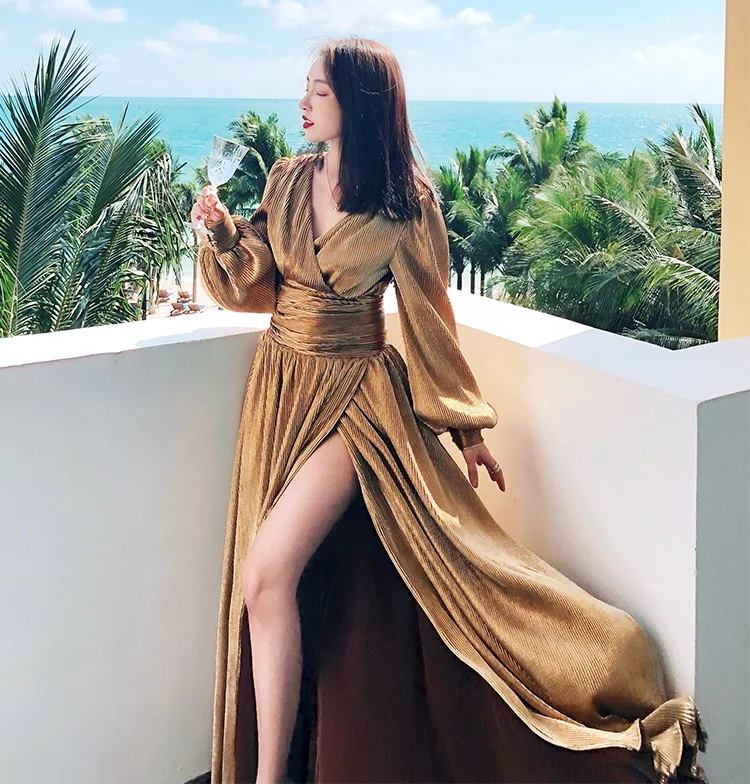 Top Quality New Autumn Winter Long Evening Vestidos Women V-Neck Lux Party Long Sleeve Maxi Dress Grey Champage Ladies