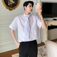 mens new short sleeve pin tie loose large size casual black and white shirt streetwear vintage party dress shirt