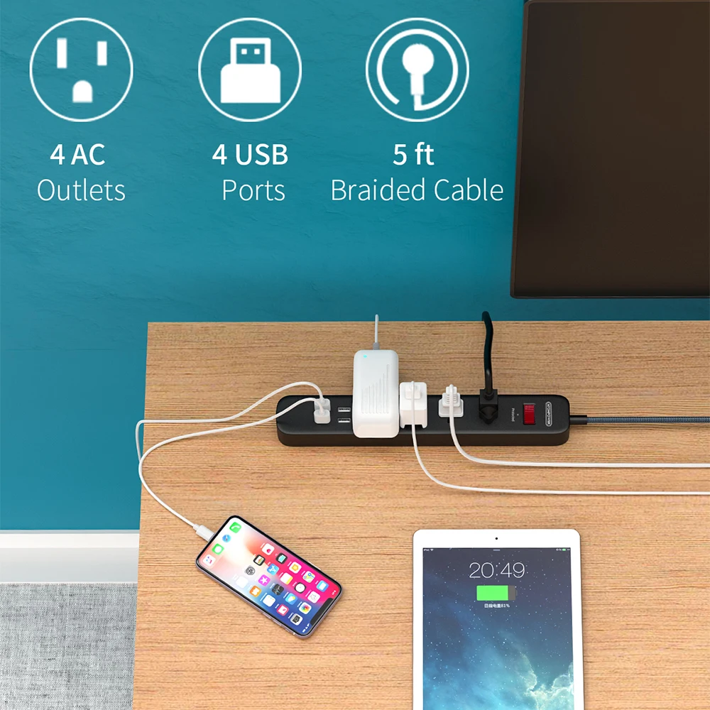 NTON POWER US Power Strip Plug черная плетеная проволока Защита от перенапряжения розетка