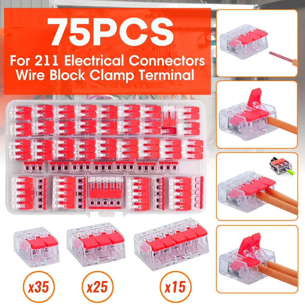 

75 шт. для 221 электрических разъемов, Клеммный Зажим для проводов, многоразовый мини-быстроразъемный клеммный соединитель для проводов