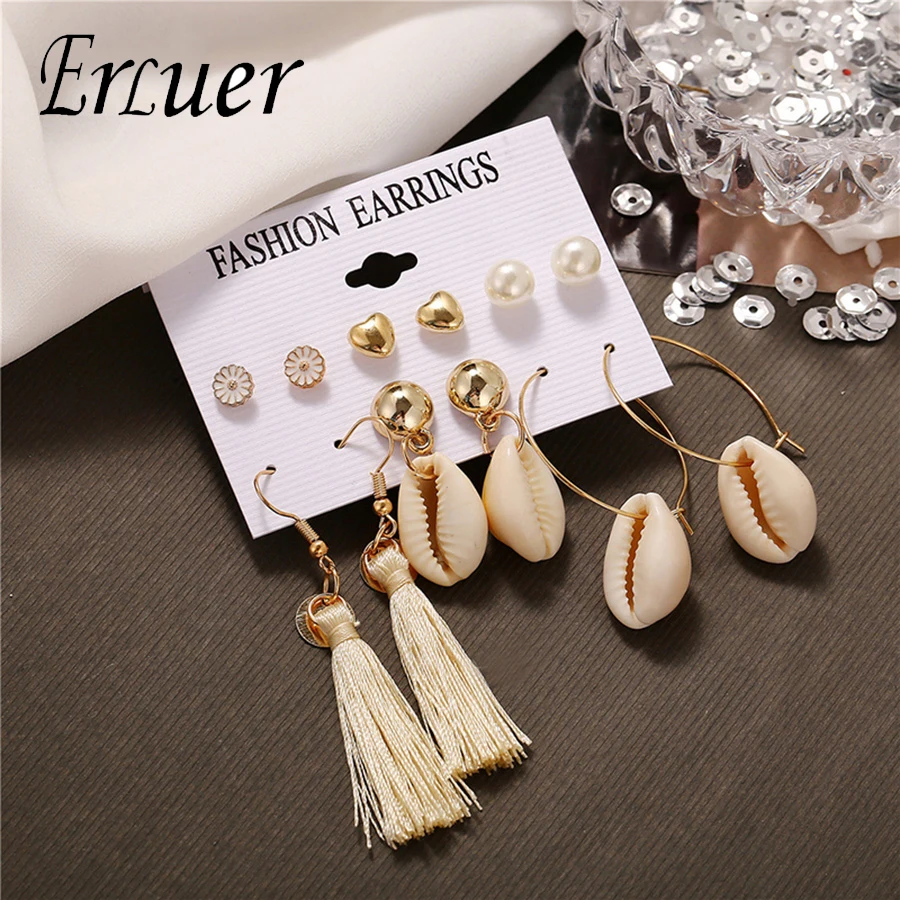 ERLUER 2019 новая ракушка Висячие серьги для женщин Boho имитация жемчуга круглые