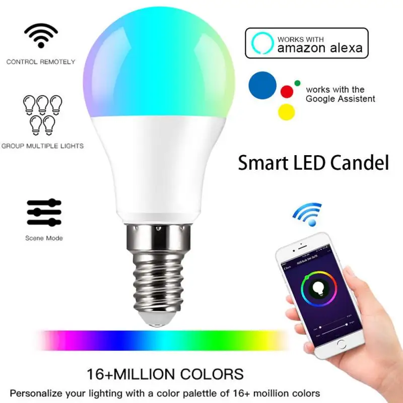 

Hot Sale 10W E14 Smart Light Bulb Cellphone WiFi Voice Control Dimming LED RGB Lamp Work With Smart Life For Alexa Google Home