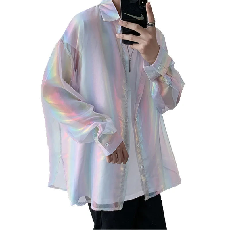 

Summer breathable rainbow color holographic reflective men shirts oversized blouse street wear sexy sun-protective clothing