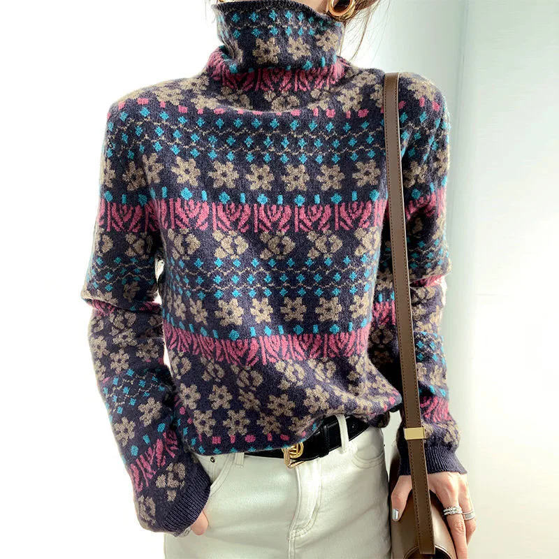 

Retro sweater ladies high neck pullover winter jacquard pullover Korean loose knit sweater casual loose sweater