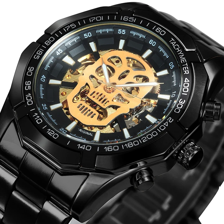

WINNER Official Mens Watches Top Brand Luxury Automatic Mechanical Watch Men Steel Strap Hip Hop Skull Skeleton Dial Wrist Watch