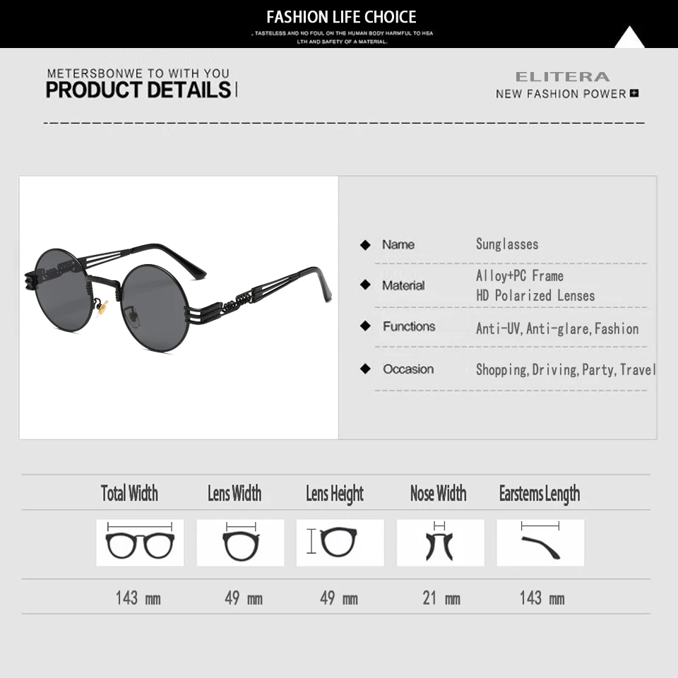 

ELITERA Punk Polarized Sunglasses Vintage Metal Round Sun Glasses Eyewear For women Men Steampunk Luxury Brand