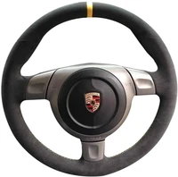 all black suede leather yellow marker steering wheel cover hand stitch on wrap fit for porsche 911 997 987 2005 2012