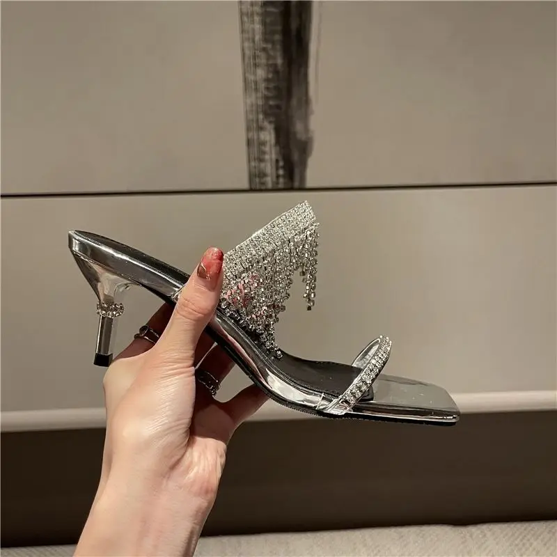 

Original Design Rhinestone Tassel High Heels 2021 summer New Sexy Stiletto Slippers Women's Outer Wear