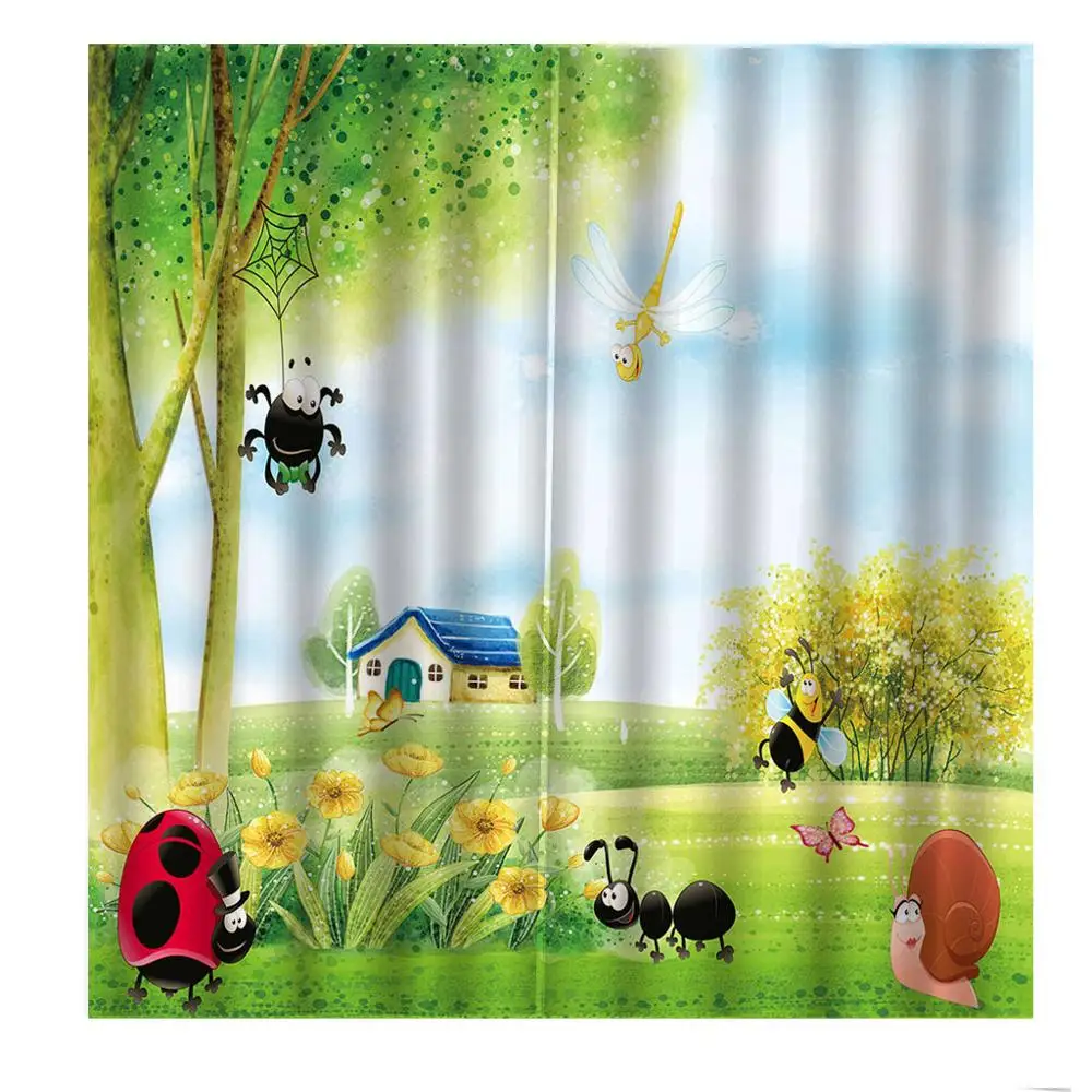 Cartoon Indoor Decor Large Window Small House under Tree and spider on Light Curtain For Living room Bedroom Drapes Sets | Дом и сад