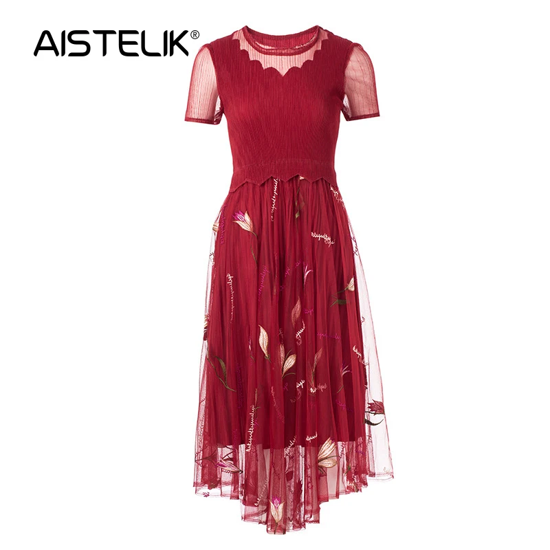 

AISTELIK 2020 летнее Новое Женское красивое платье феи леса в длинном плиссированном сетчатом платье с круглым вырезом и вышивкой