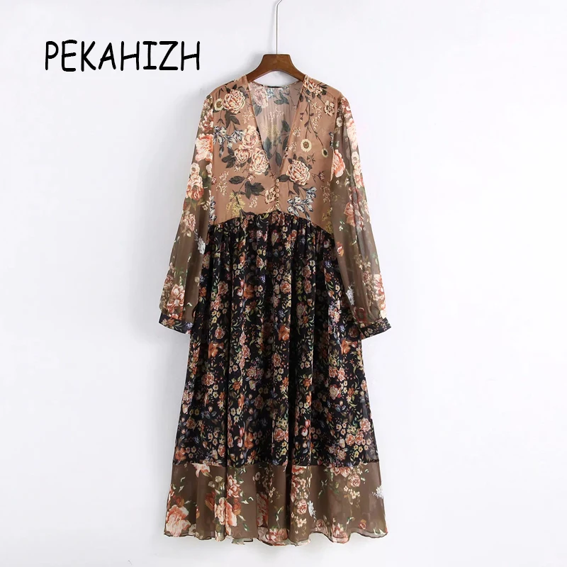 Винтажное длинное платье в стиле бохо с цветочным принтом женское шифоновое v