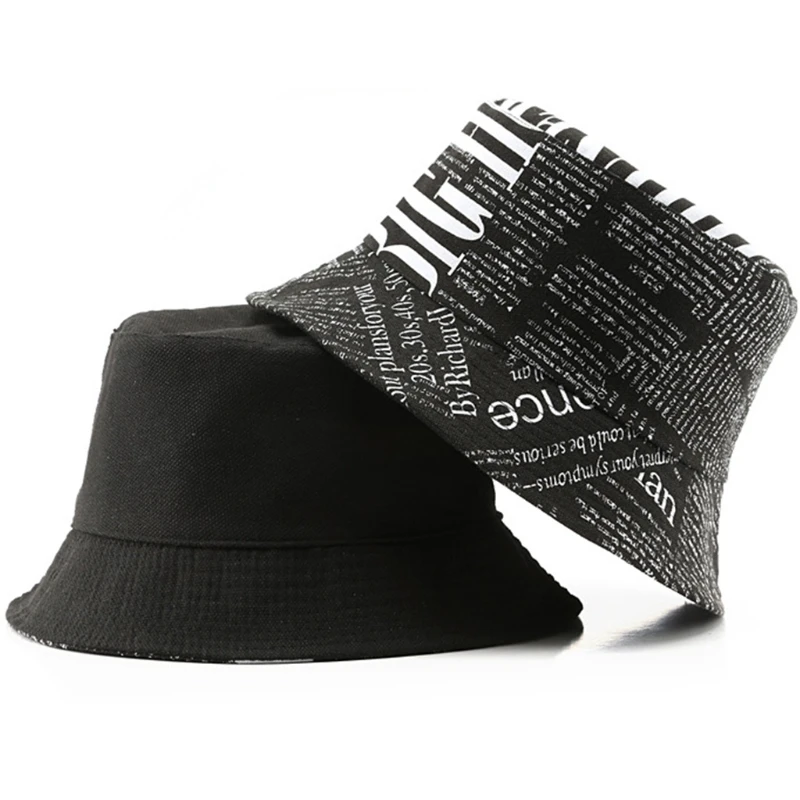 

Korean Unisex Reversible Double Sided Bucket Hat Vintage Letters Newspaper Print Harajuku Hip Hop Street Fisherman Cap