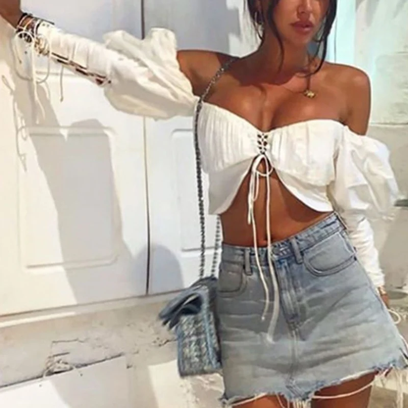 

Fashion Off Shoulder White Lace Up Puff Sleeve Blouse Shirt Strapless Solid Crop Tops Women Summer Slim Sexy Party Blusas