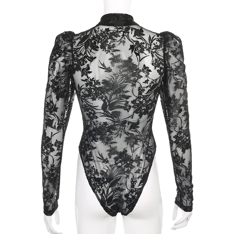 Черное цветочное Сетчатое платье Прозрачная Для женщин боди Топ Китайский шеи