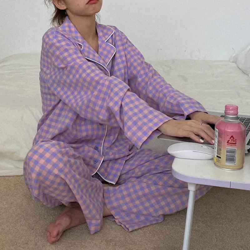 

Spring Autumn New Knitted Elastic Polyester Women's Pajama Sets Cute Girls Casual Grid Sleepwear Turn-down Collar Homewear Suits