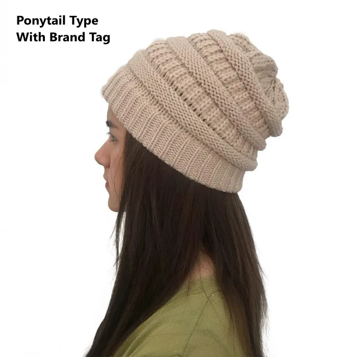 beige ponytail Женские зимние вязаные шапки, шерстяные теплые шапки, женские повседневные Шапки, одноцветные шапки-бини - Цвет: beige ponytail
