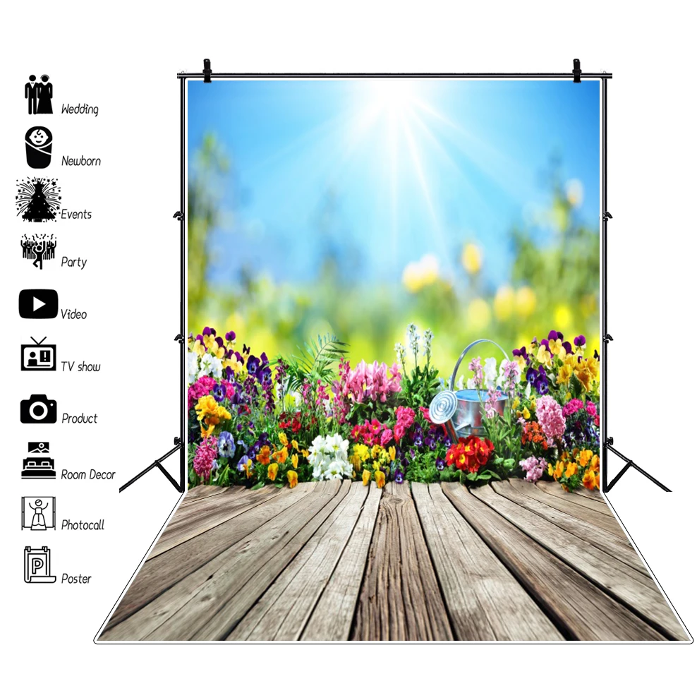 Фон Laeacco Весна Солнечный свет Цветы Сад чайник деревянный пол ребенок портрет