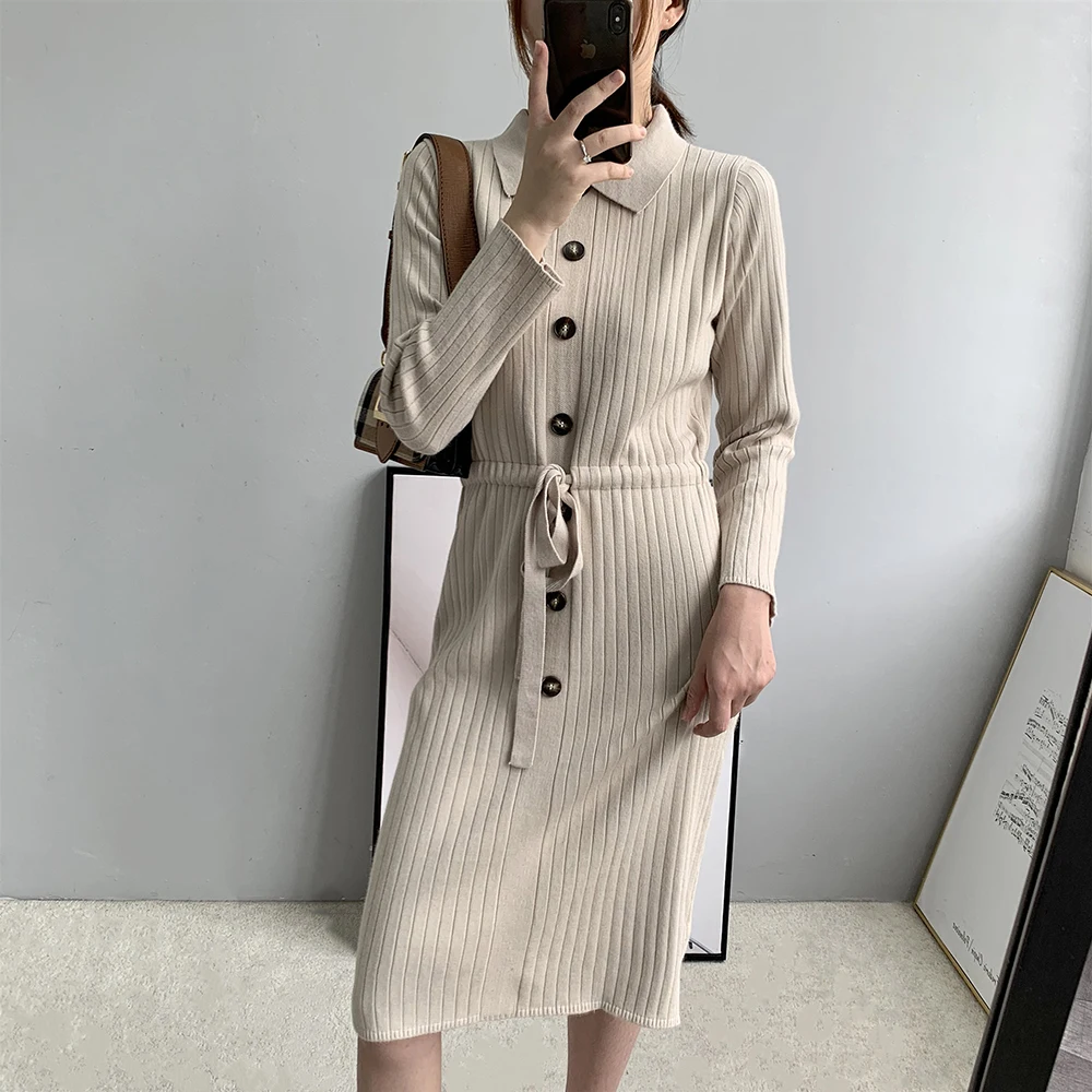 

Knitted Sleeve Turn 2023 Down Collar Women Long Pullovers Winter Sweater Dress Tricot Pull Femme