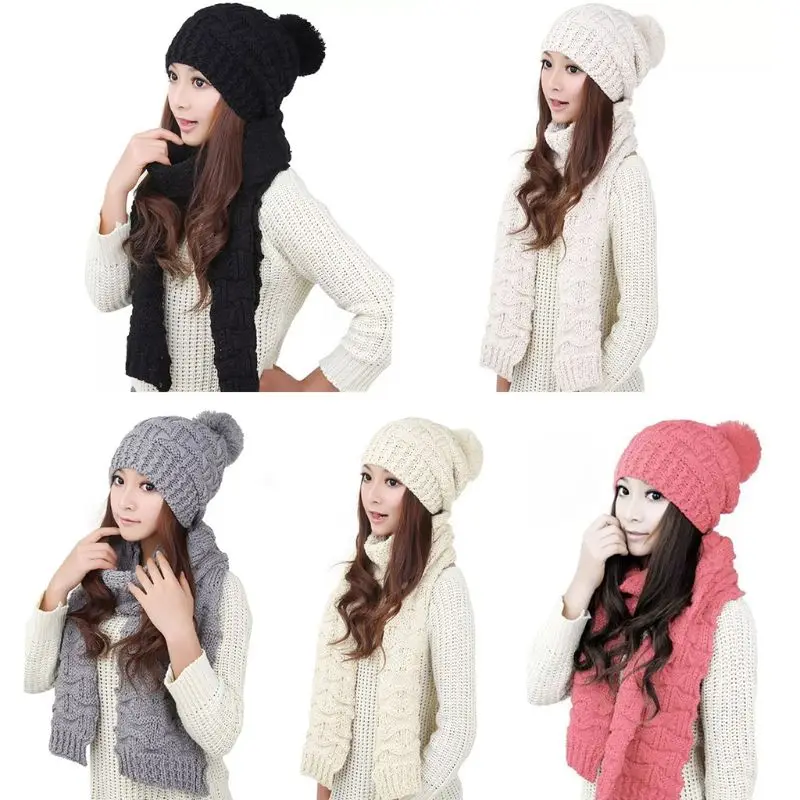 Женская зимняя вязаная шапка шарф набор одноцветная с помпоном шейный