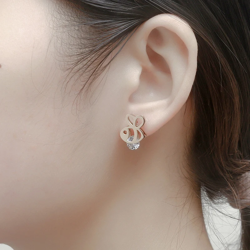 Женские серьги гвоздики из нержавеющей стали с рыбками золотые розового золота