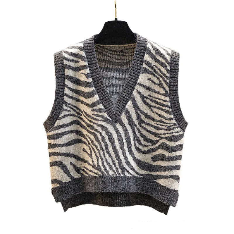 

2021 Spring Autumn V-Neck Knitted Sweater Vest Women New Korean Fashion Zebra Pattern Sleeveless Sweaters Waistcoat for Outwear