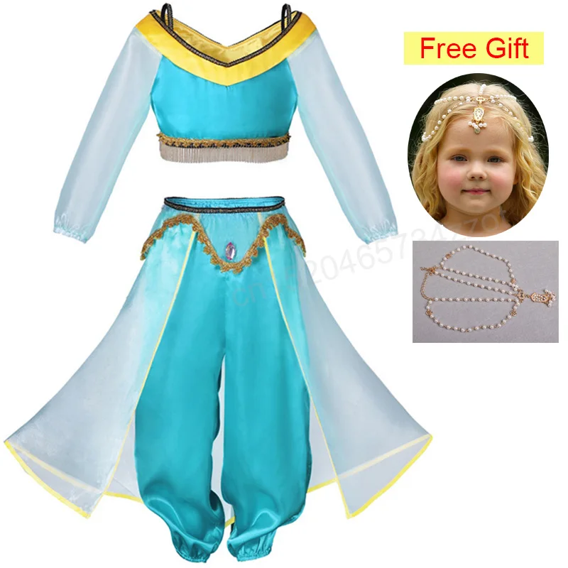 Jasmine Dress-4 Принцесса Жасмин платье Аладдин волшебная лампа девушки косплей костюм необычные дети танцевальная одежда Комплект топ брюки и платье для ребенка - Цвет: Jasmine Dress-4