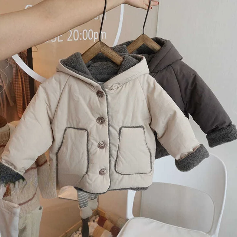

2021 Kids Boys Autumn Winter New Solid Cotton Padded Warm Jacket Coats Children's Clothing Single Breasted Hooded Outerwear Q139
