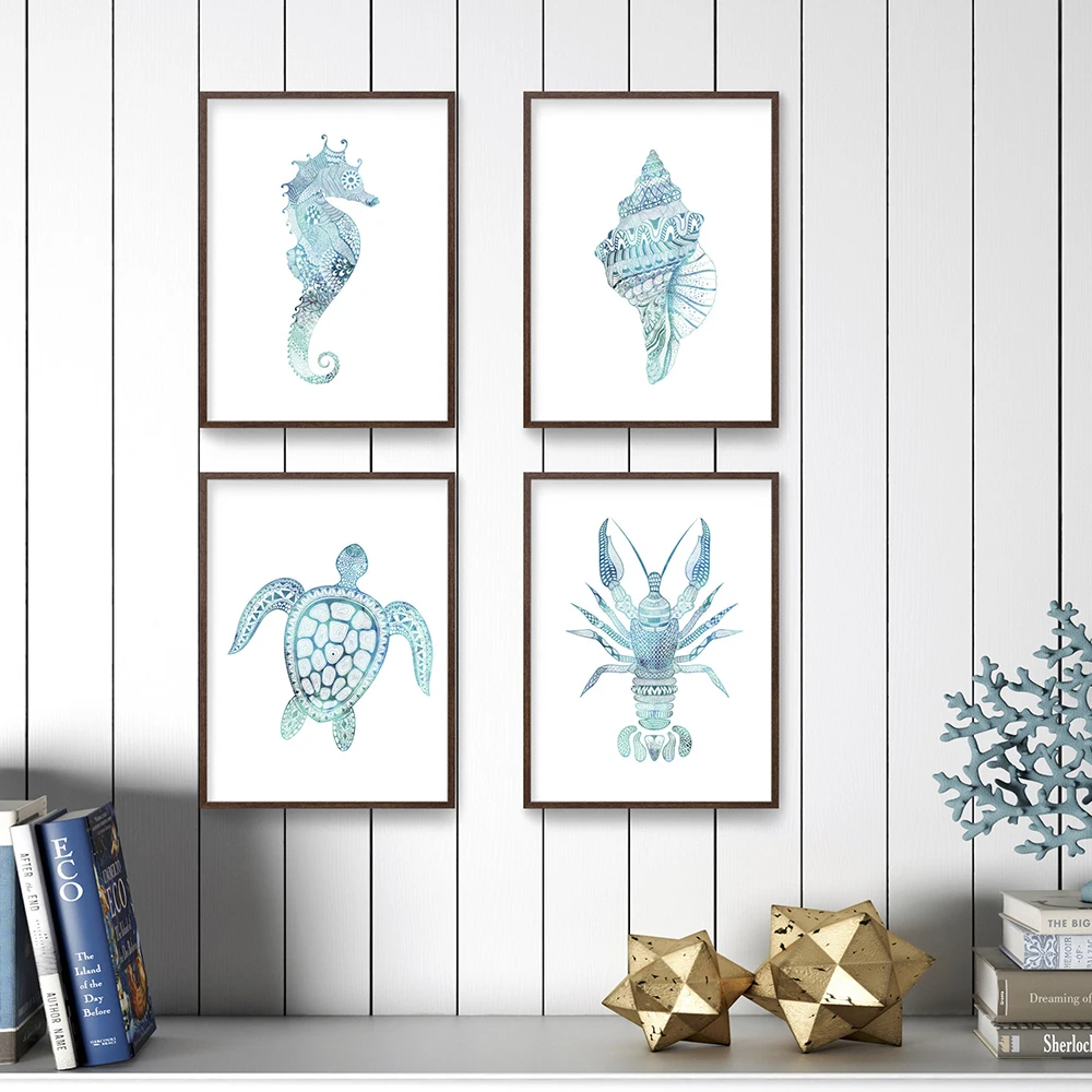 Акварельные пляжные морские животные Омар морская лошадь настенная живопись