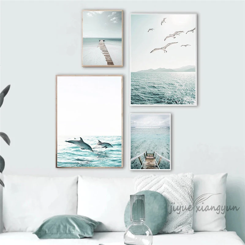 Surfboard Sailboat Beach Dolphin Seagull Palm Art Canvas Painting Nordic Posters and Prints Wall Pictures Living Room Home Decor | Дом и сад