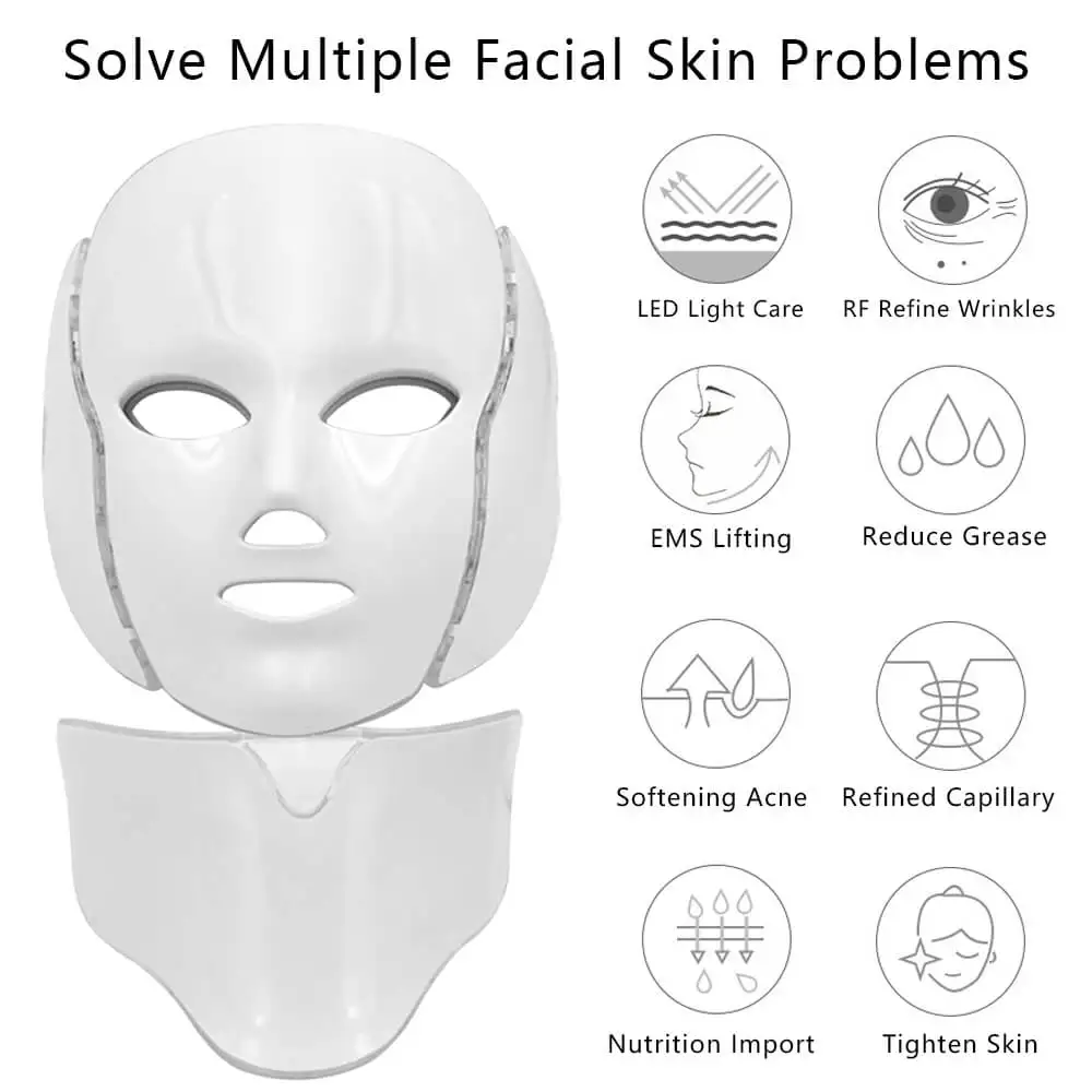 7 Colors LED Light Facial Mask Neck Skin Microcurrent Care Photon Treatment SPA Beauty Tighten Device Anti Wrinkle Acne Therapy | Красота и