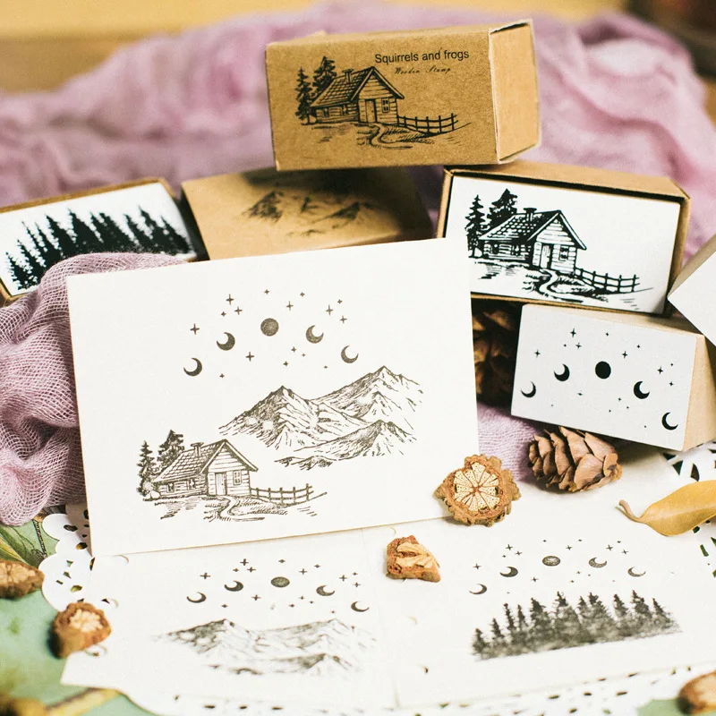 Винтажный деревянный штамп серии &quotлес&quot резиновый с Луной и листьями для
