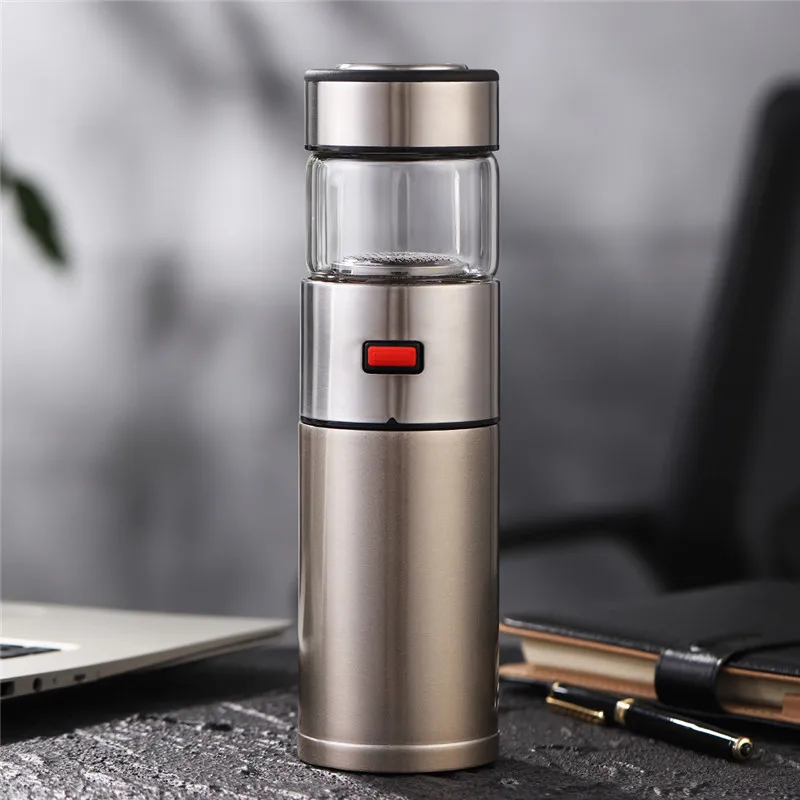 570ml Black Термос для заварки чая из нержавеющей стали 304, вакуумные склянки и бутылки с чайным фильтром, две крышки - Цвет: 570ml Black