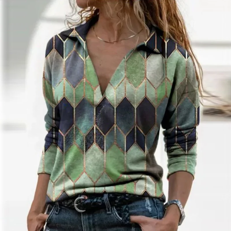 Women Long Sleeve V Neck Geometric Print Blouse Vinrage Loose Shirt Spring Casual Pullover Ladies Elegant Tops Plus Size Blusas