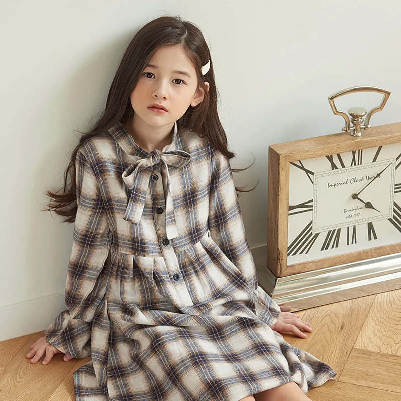 Модный корейский стиль клетчатое милое платье с длинными рукавами для девочек на