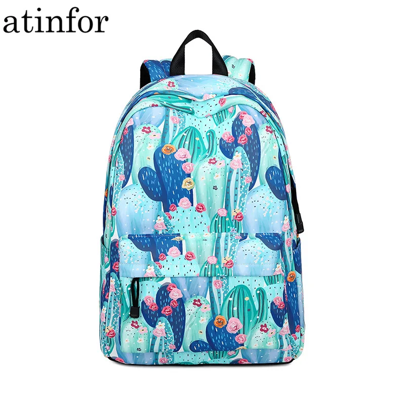 

atinfor Brand Cactus Printing Waterproof Travel 15.6 Inch Laptop Backpack Women Daily Book Bag School Bag for Teenagers