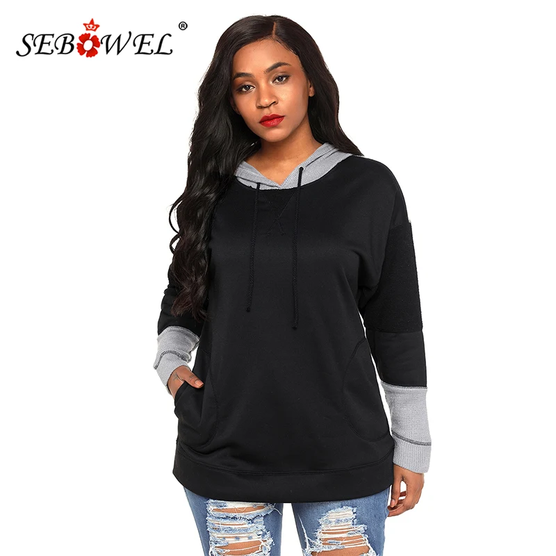 

SEBOWEL 2019 Autumn Winter Woman Plus Size Sweatshirt Waffle Knit Splice Pocket Women Hoodies Oversized Long Sleeve Pullover XXL