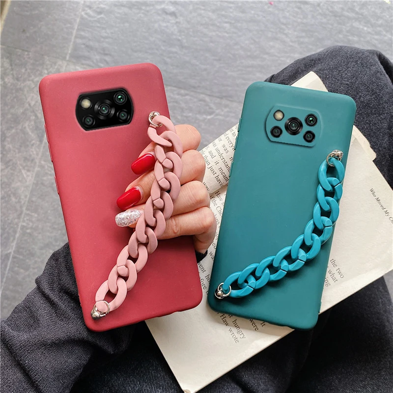 Candy Color Silicone Wriststrap Bracelet Chain Phone Case For Xiaomi Mi Poco X3 Pro Nfc F3 M3 Pro Soft Tpu Cover