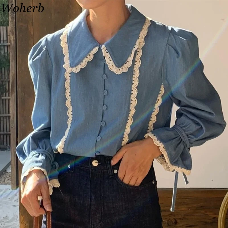 Woherb Корейская винтажная блузка женские шикарные кружевные блузки отложной