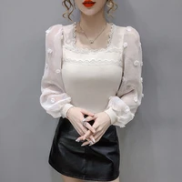 korean fashion white slim chic womens sweater autumn winter 2021 lace chiffon long sleeve bottoming knitted tops female new