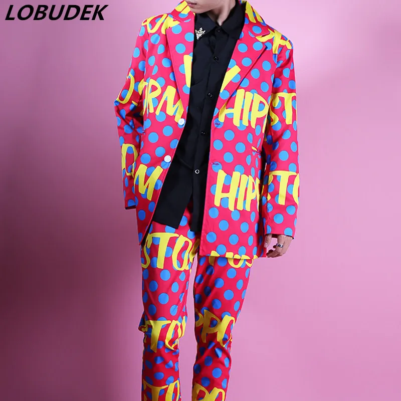 Мужской модный костюм в розовый горошек с граффити свободные костюмы стиле хип