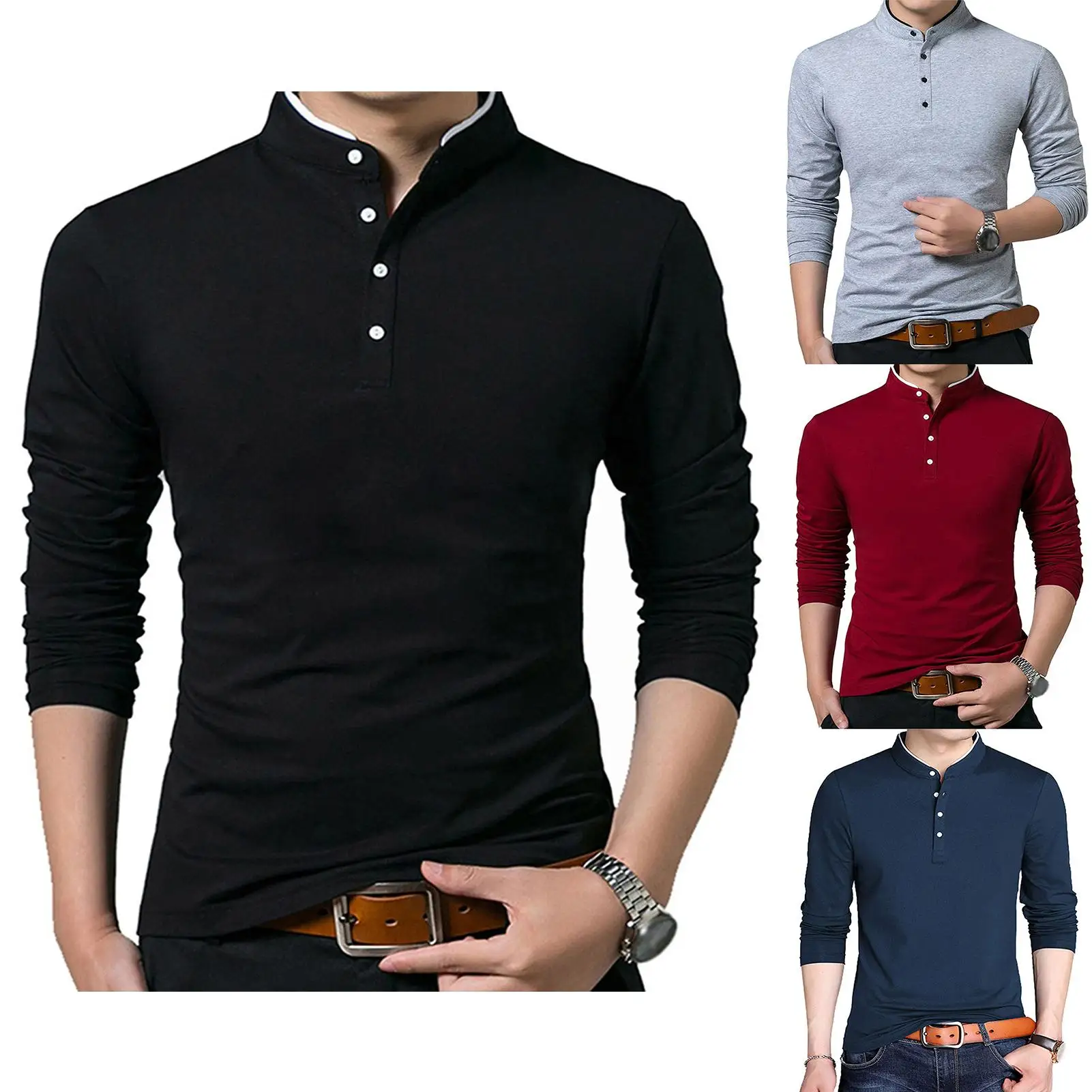 

Casual Men Autumn Long Sleeve Solid Color Stand Collar Slim Base T-shirt Top