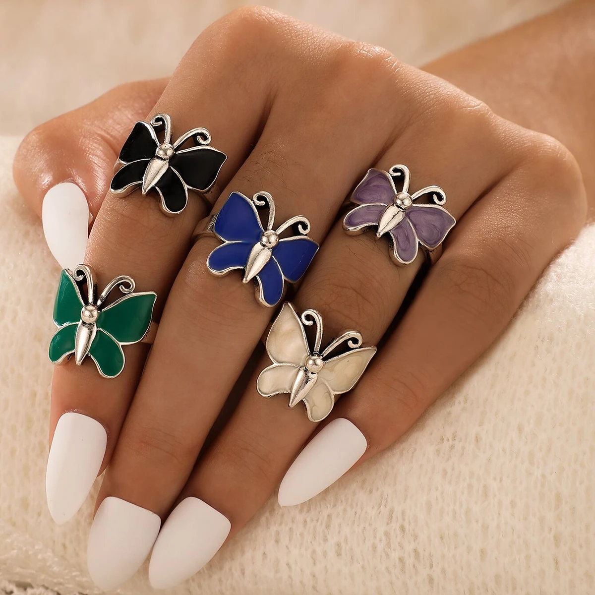 

Docona 5pcs Colorful Butterfly Finger Rings Set for Women Gothic Geometric Dripping Oil Alloy Knuckle Ring Jewelry Anillos 14693