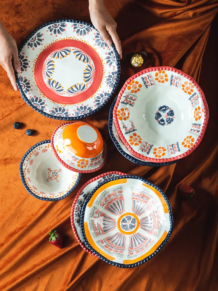 

Hand-painted Dinner Bowl Plate Set 800ml Ceramic Soup Noodle Bowl 10 Inch Rice Salad Deep Plate Oven Microwave Use Tableware