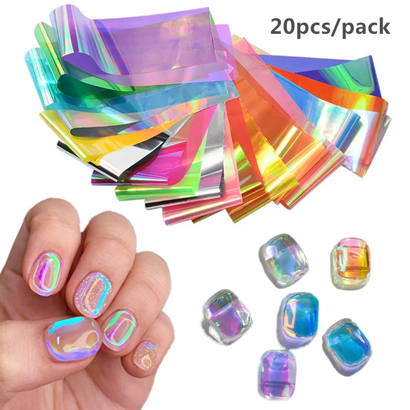 20 Sheets Aurora Film Nail Foils for Transfer Paper Sticker Ice Cube Sliders Adhesive Paper Wraps Gradient Nail Art Decorations