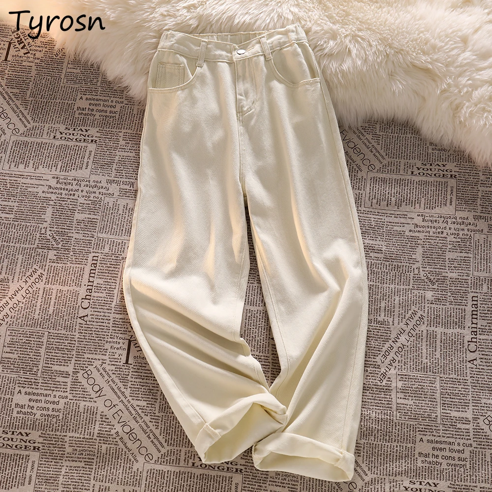 

Mopping Jeans Women Baggy Solid High Waist All-match Vintage Harajuku Streetwear Leisure Draped Loose Simple Daily Elegant Femme